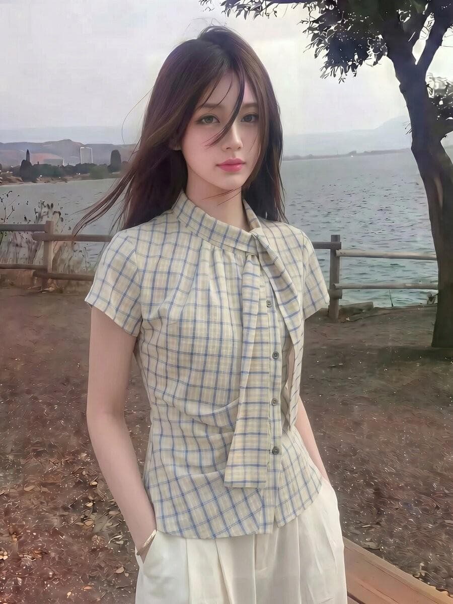 빅 사이즈 지방 mm 한 부서 레트로 캐주얼 체크무늬 여성 셔츠 여름 새로운 나비 매듭 허리 수축 슬림해 보이는 출퇴근 맨위 이미지 4