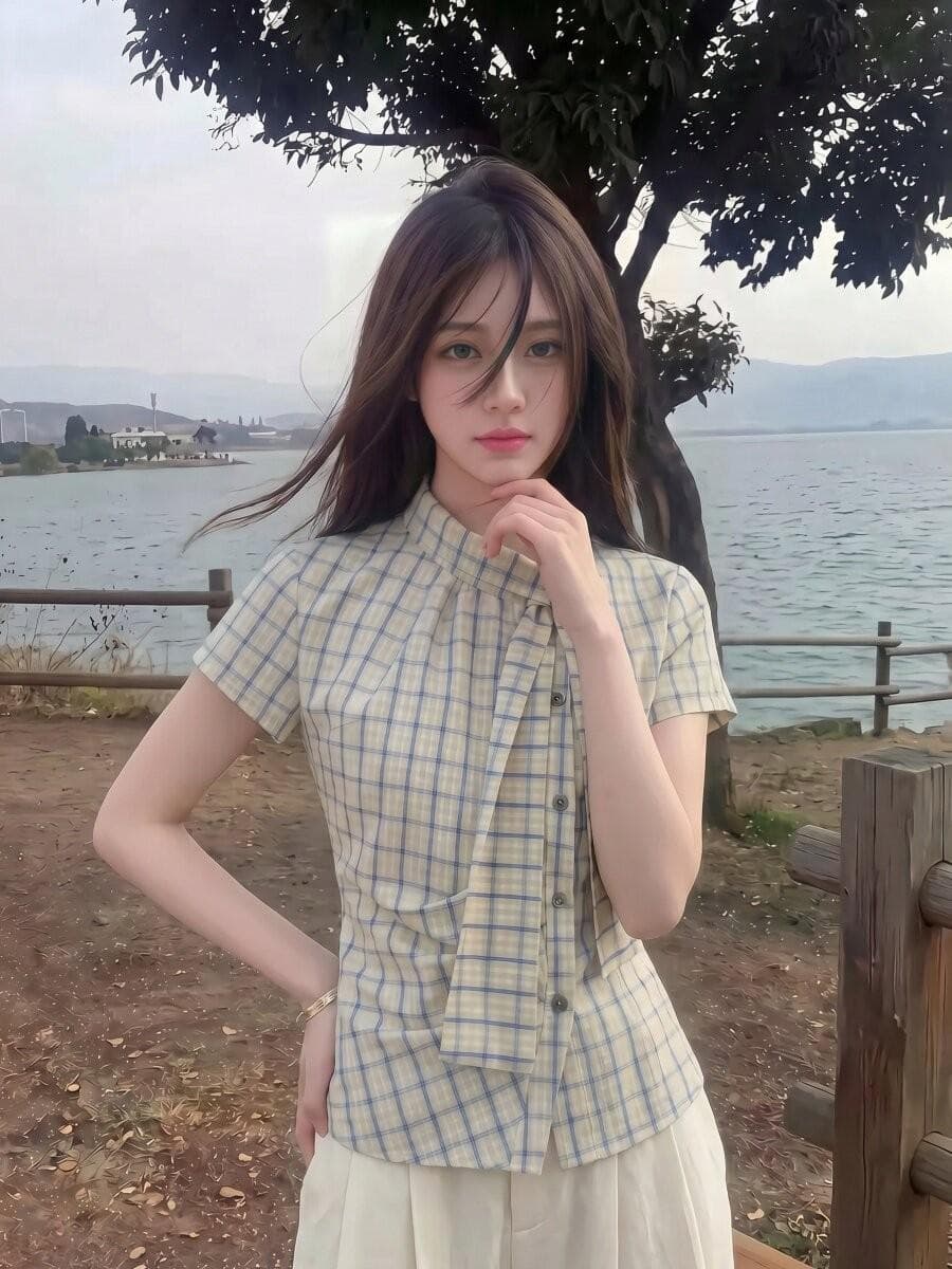 빅 사이즈 지방 mm 한 부서 레트로 캐주얼 체크무늬 여성 셔츠 여름 새로운 나비 매듭 허리 수축 슬림해 보이는 출퇴근 맨위 이미지 2
