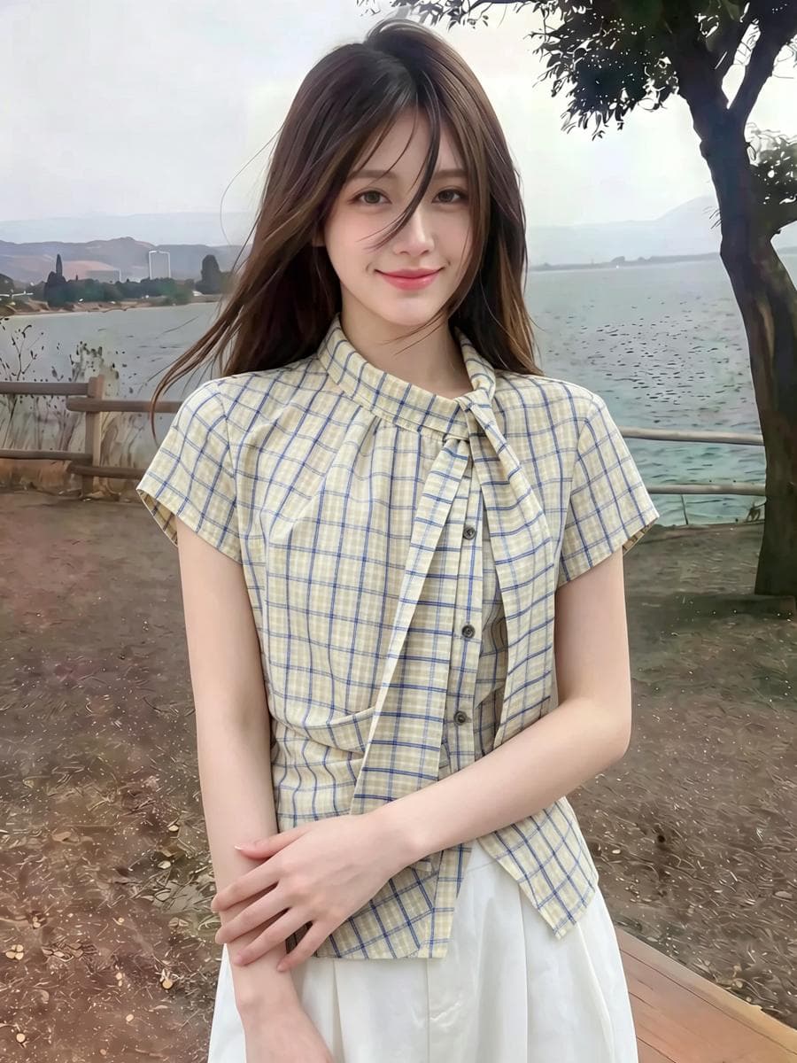 빅 사이즈 지방 mm 한 부서 레트로 캐주얼 체크무늬 여성 셔츠 여름 새로운 나비 매듭 허리 수축 슬림해 보이는 출퇴근 맨위