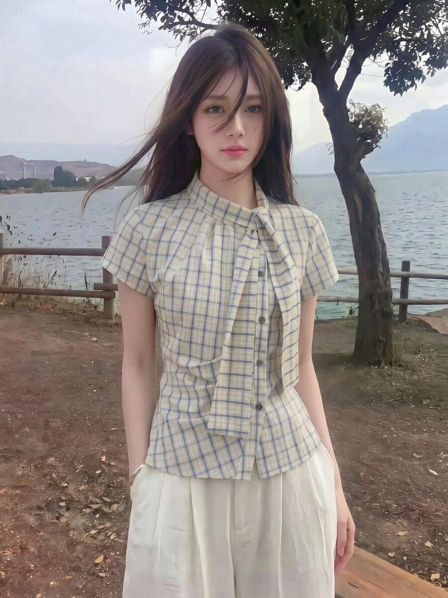 빅 사이즈 지방 mm 한 부서 레트로 캐주얼 체크무늬 여성 셔츠 여름 새로운 나비 매듭 허리 수축 슬림해 보이는 출퇴근 맨위 상세 이미지 1
