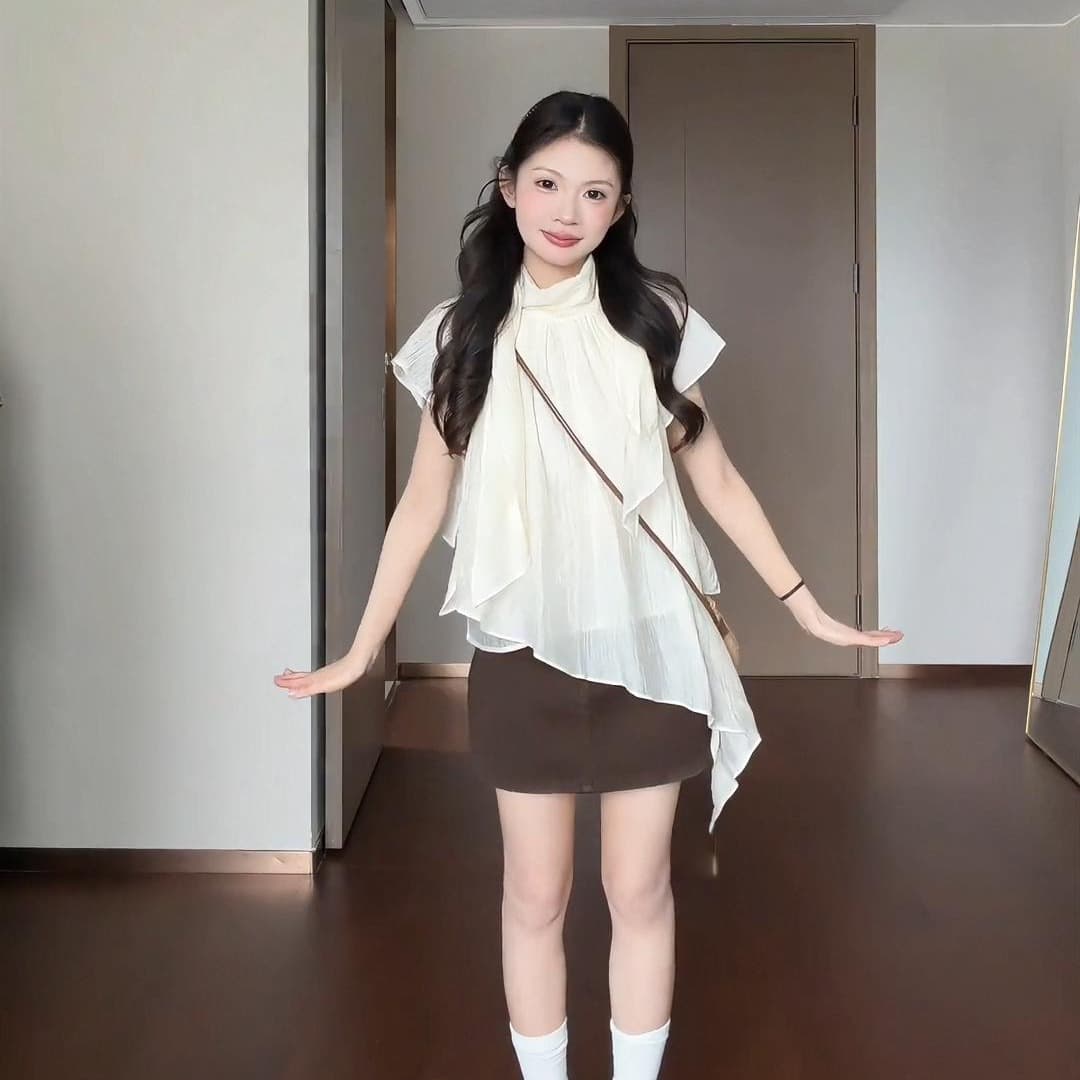 빅 사이즈 지방 mm 프랑스식 레트로 스탠드 칼라 반팔 여성 셔츠 고급 센스 루즈핏 부드러운 바람 리본 표지 배 맨위 이미지 5