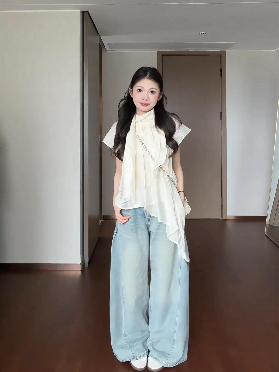 빅 사이즈 지방 mm 프랑스식 레트로 스탠드 칼라 반팔 여성 셔츠 고급 센스 루즈핏 부드러운 바람 리본 표지 배 맨위 상세 이미지 3