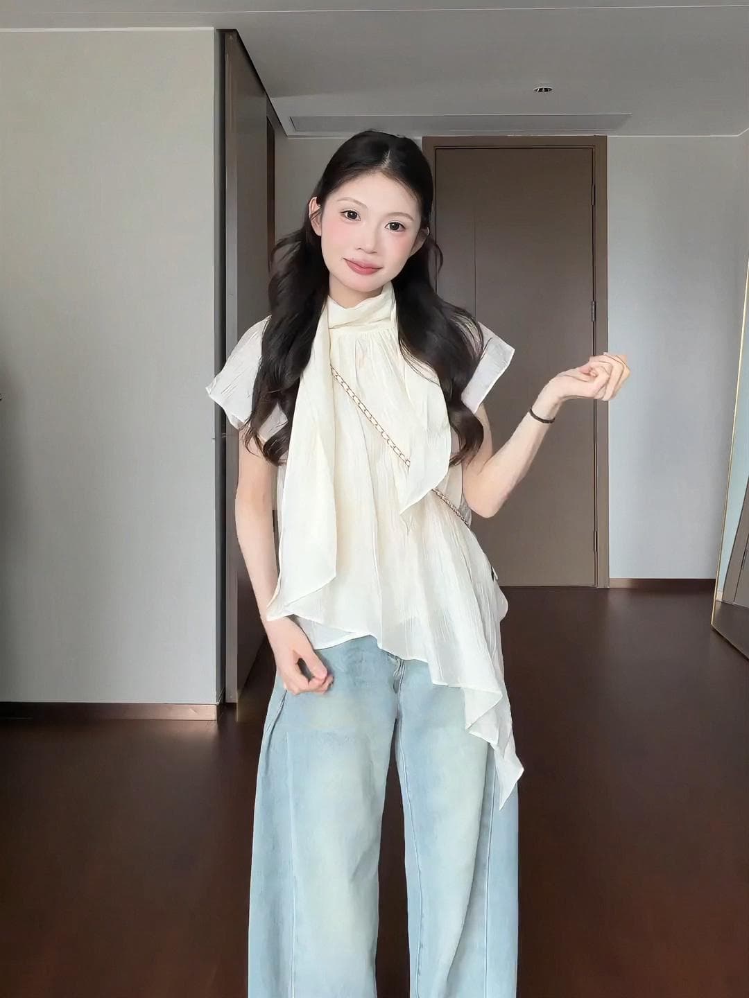 빅 사이즈 지방 mm 프랑스식 레트로 스탠드 칼라 반팔 여성 셔츠 고급 센스 루즈핏 부드러운 바람 리본 표지 배 맨위 상세 이미지 6