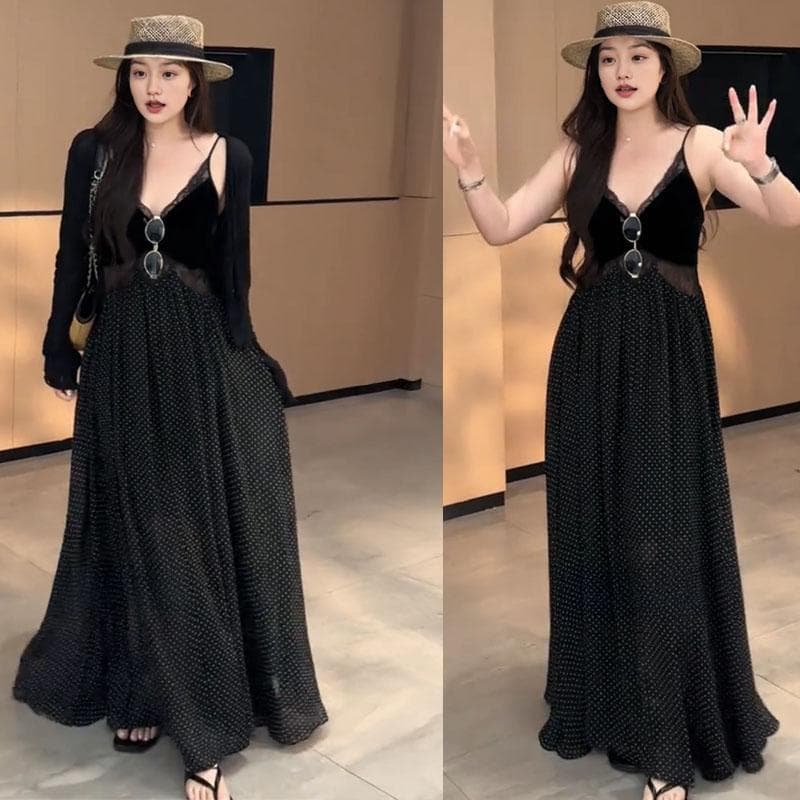 마이크로 지방 mm 프랑스식 레트로 핫걸 여름 슬림해 보이는 스택 착용 V넥 레이스 조각 도트 무늬 슬립 빅 사이즈 드레스 상세 이미지 1