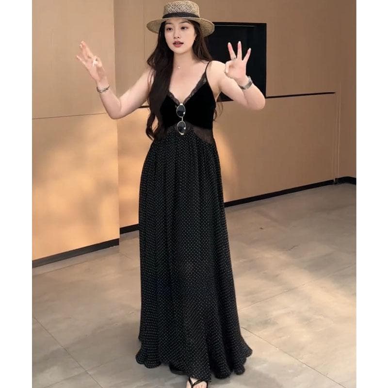 마이크로 지방 mm 프랑스식 레트로 핫걸 여름 슬림해 보이는 스택 착용 V넥 레이스 조각 도트 무늬 슬립 빅 사이즈 드레스 상세 이미지 3