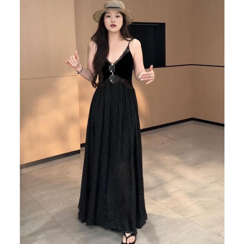 마이크로 지방 mm 프랑스식 레트로 핫걸 여름 슬림해 보이는 스택 착용 V넥 레이스 조각 도트 무늬 슬립 빅 사이즈 드레스 상세 이미지 5