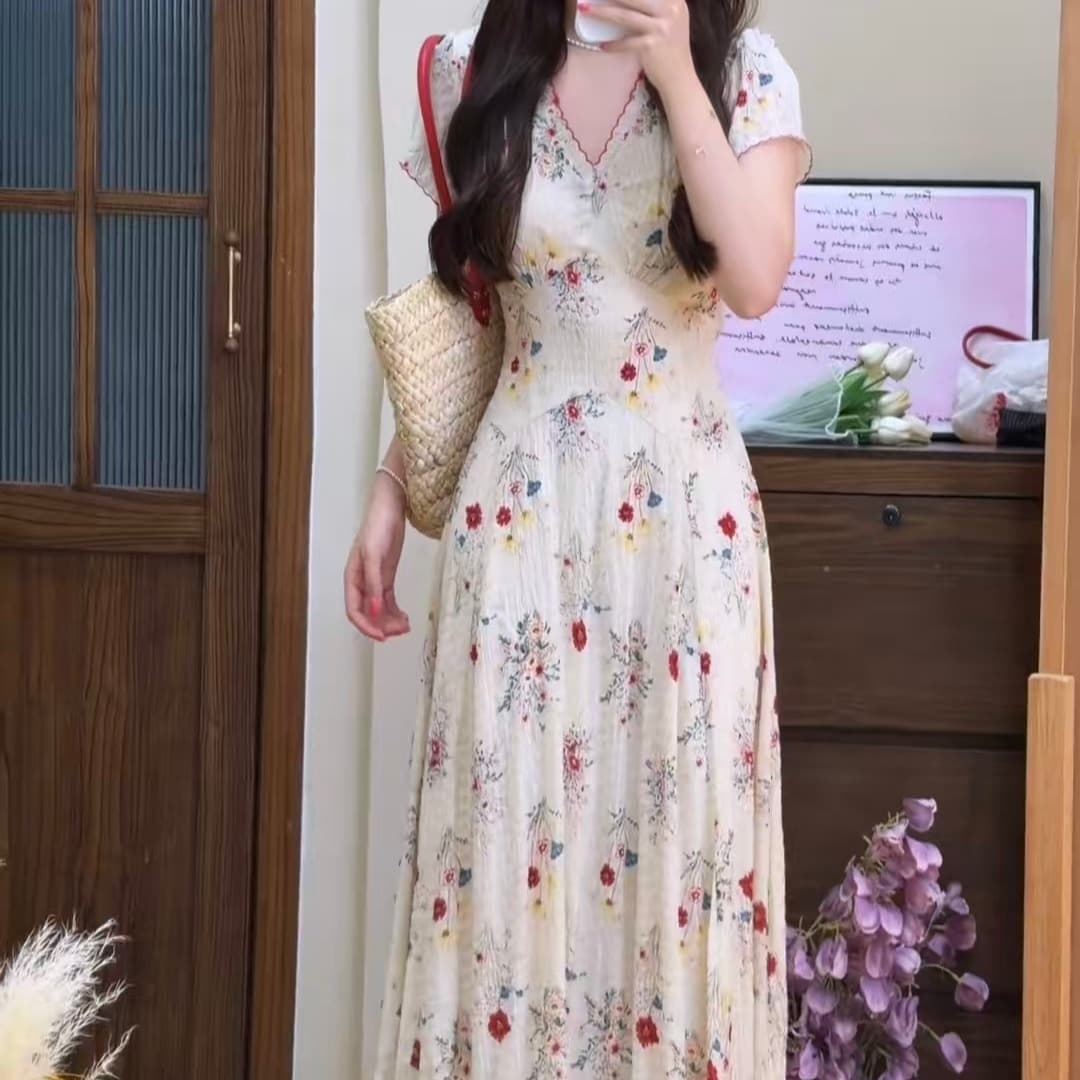빅 사이즈 프랑스식 꽃무늬 허리 수축 Pinellia 장미 슬림해 보이는 부드러운 바람 해변가 휴가 드레스 이미지 5