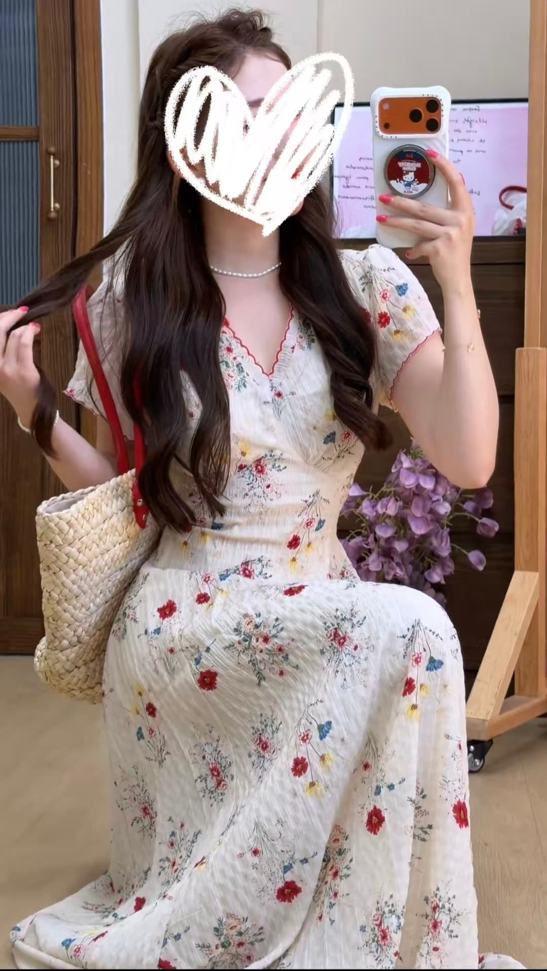 빅 사이즈 프랑스식 꽃무늬 허리 수축 Pinellia 장미 슬림해 보이는 부드러운 바람 해변가 휴가 드레스 상세 이미지 6