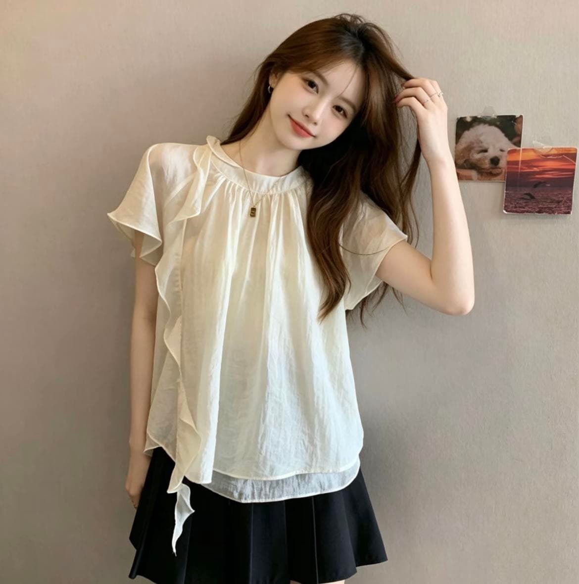 빅 사이즈 프랑스식 디자인 센스 리본 스탠드 칼라 반팔 티셔츠 여성 여름 지방 mm 표지 배 슬림해 보이는 버전 쉬폰 톱 이미지 5