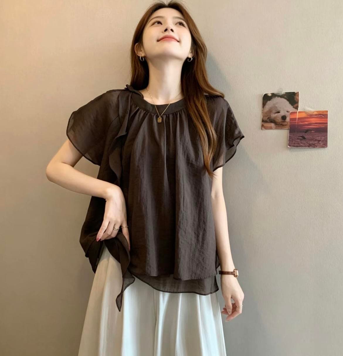 빅 사이즈 프랑스식 디자인 센스 리본 스탠드 칼라 반팔 티셔츠 여성 여름 지방 mm 표지 배 슬림해 보이는 버전 쉬폰 톱 이미지 4