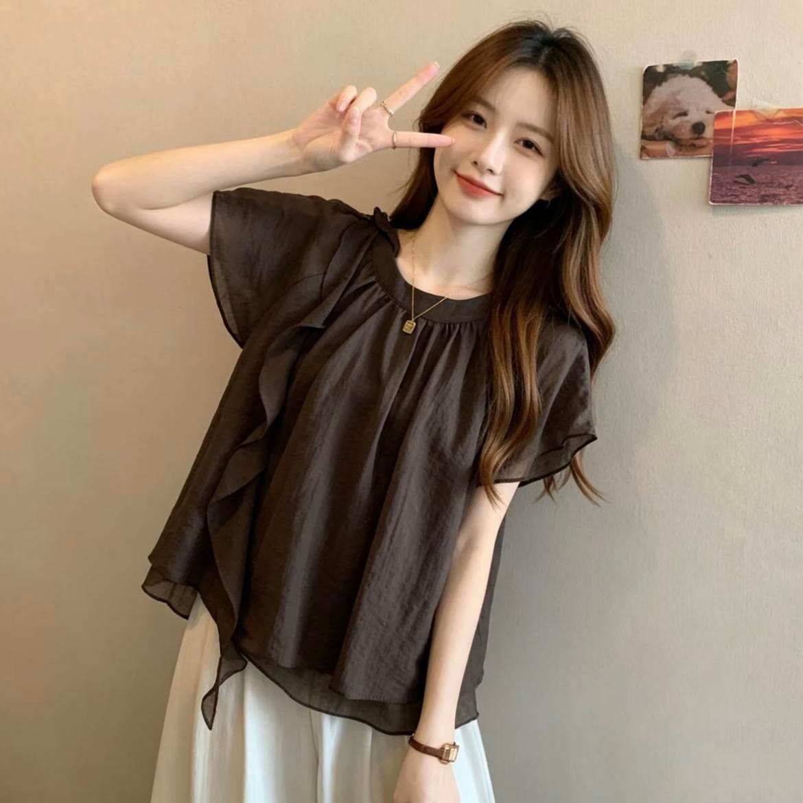 빅 사이즈 프랑스식 디자인 센스 리본 스탠드 칼라 반팔 티셔츠 여성 여름 지방 mm 표지 배 슬림해 보이는 버전 쉬폰 톱 상세 이미지 1
