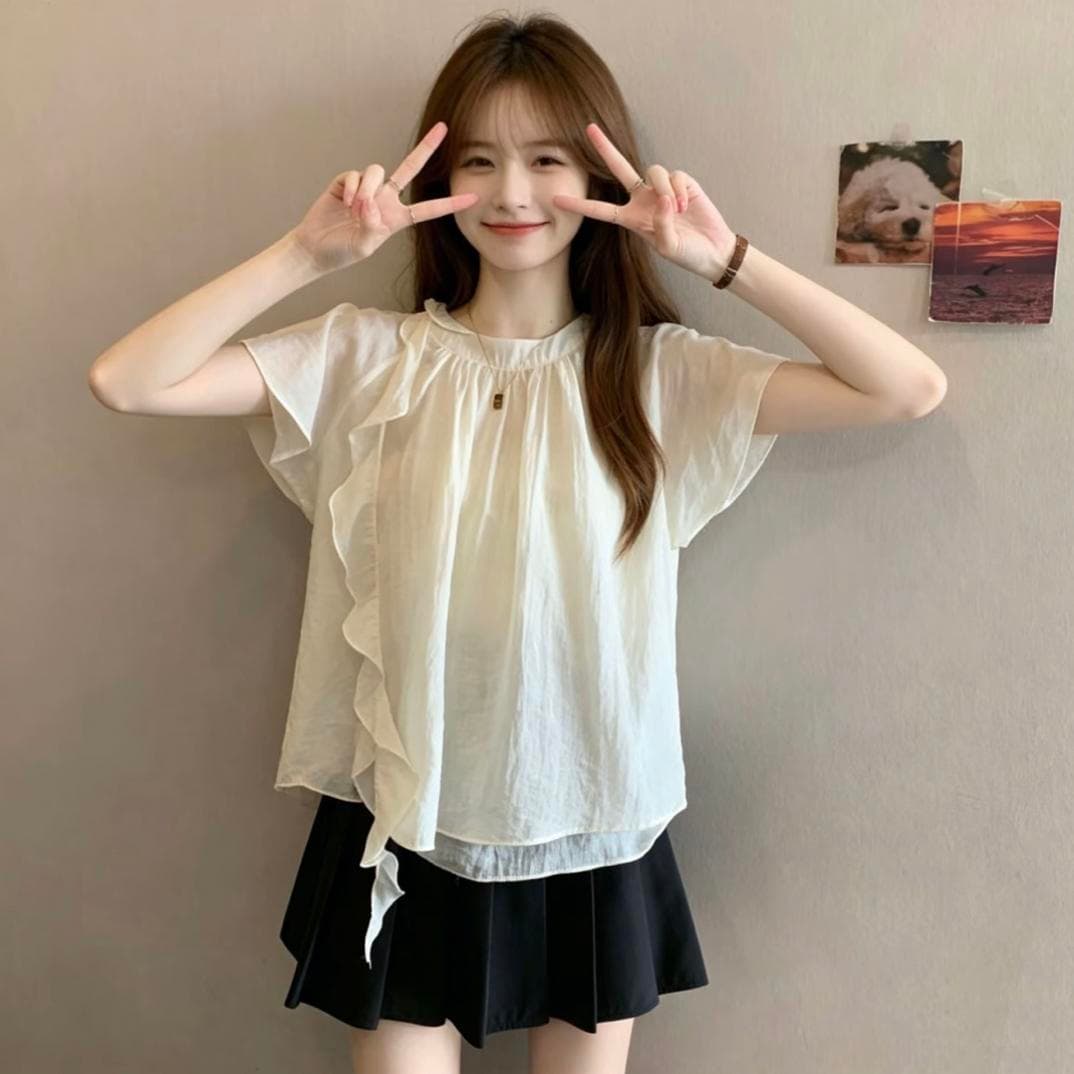 빅 사이즈 프랑스식 디자인 센스 리본 스탠드 칼라 반팔 티셔츠 여성 여름 지방 mm 표지 배 슬림해 보이는 버전 쉬폰 톱 상세 이미지 2