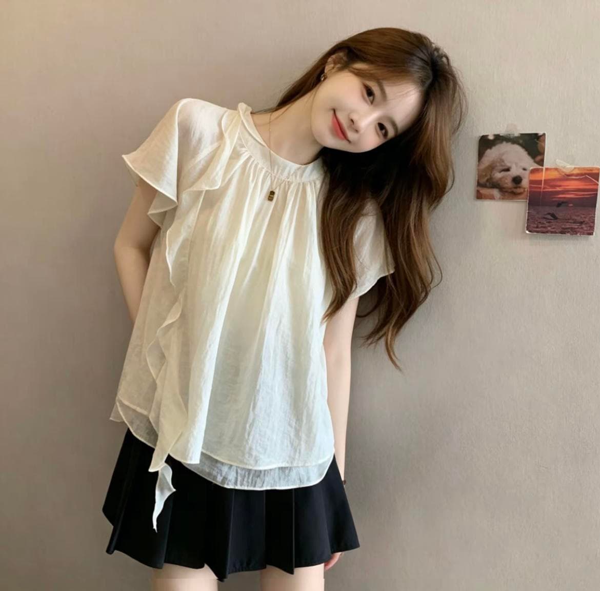 빅 사이즈 프랑스식 디자인 센스 리본 스탠드 칼라 반팔 티셔츠 여성 여름 지방 mm 표지 배 슬림해 보이는 버전 쉬폰 톱 상세 이미지 6