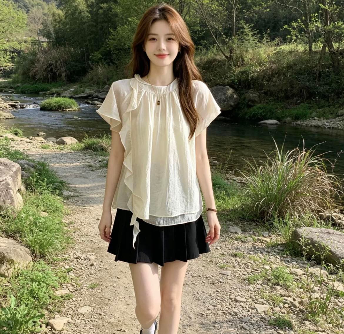빅 사이즈 프랑스식 디자인 센스 리본 스탠드 칼라 반팔 티셔츠 여성 여름 지방 mm 표지 배 슬림해 보이는 버전 쉬폰 톱 상세 이미지 7