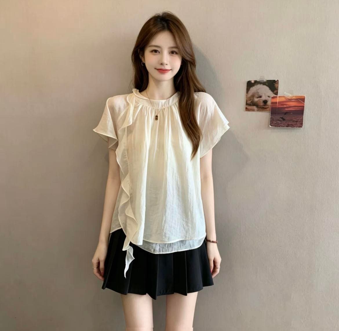 빅 사이즈 프랑스식 디자인 센스 리본 스탠드 칼라 반팔 티셔츠 여성 여름 지방 mm 표지 배 슬림해 보이는 버전 쉬폰 톱 상세 이미지 8