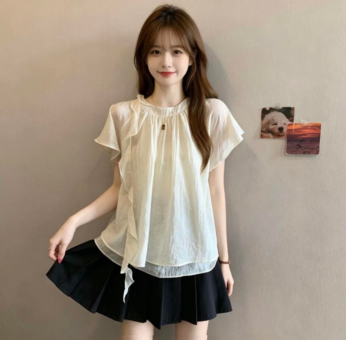 빅 사이즈 프랑스식 디자인 센스 리본 스탠드 칼라 반팔 티셔츠 여성 여름 지방 mm 표지 배 슬림해 보이는 버전 쉬폰 톱 상세 이미지 9