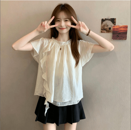 빅 사이즈 프랑스식 디자인 센스 리본 스탠드 칼라 반팔 티셔츠 여성 여름 지방 mm 표지 배 슬림해 보이는 버전 쉬폰 톱 상세 이미지 10