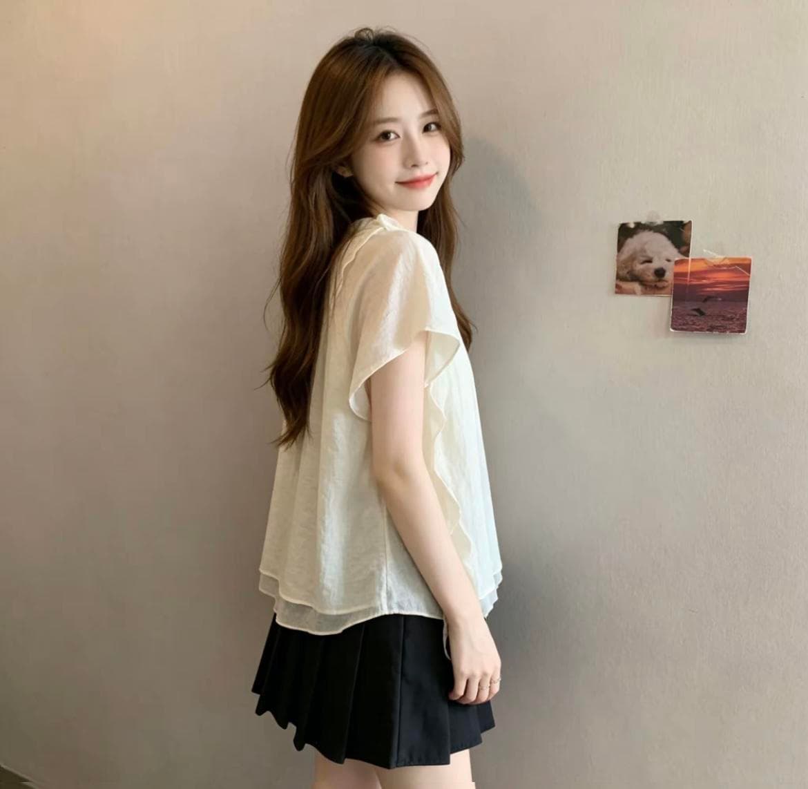 빅 사이즈 프랑스식 디자인 센스 리본 스탠드 칼라 반팔 티셔츠 여성 여름 지방 mm 표지 배 슬림해 보이는 버전 쉬폰 톱 상세 이미지 11