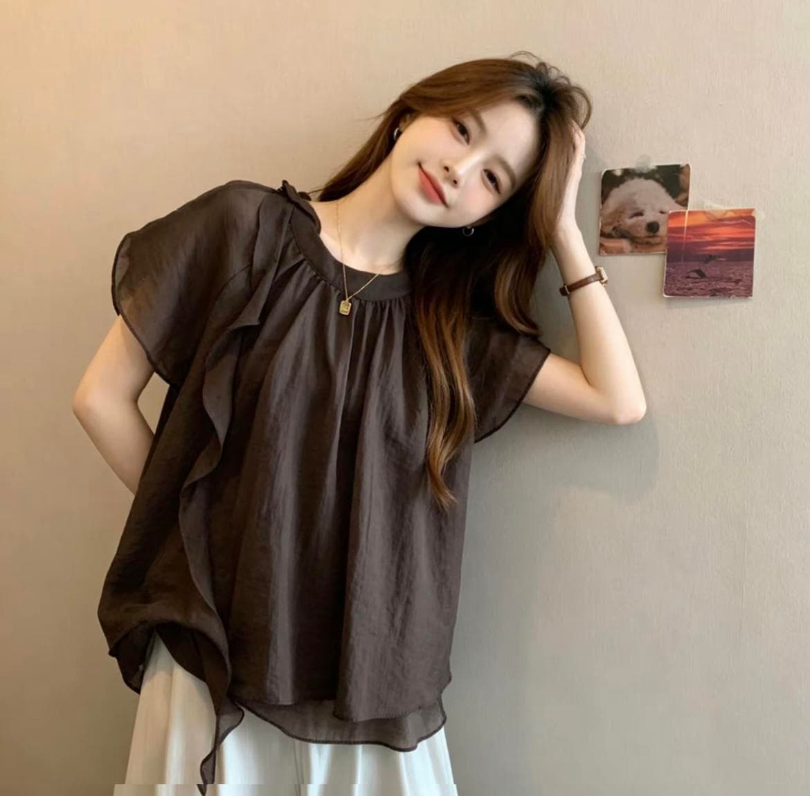 빅 사이즈 프랑스식 디자인 센스 리본 스탠드 칼라 반팔 티셔츠 여성 여름 지방 mm 표지 배 슬림해 보이는 버전 쉬폰 톱 상세 이미지 12