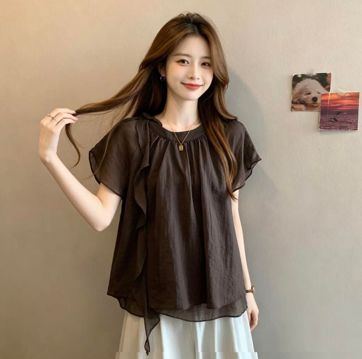 빅 사이즈 프랑스식 디자인 센스 리본 스탠드 칼라 반팔 티셔츠 여성 여름 지방 mm 표지 배 슬림해 보이는 버전 쉬폰 톱 상세 이미지 13