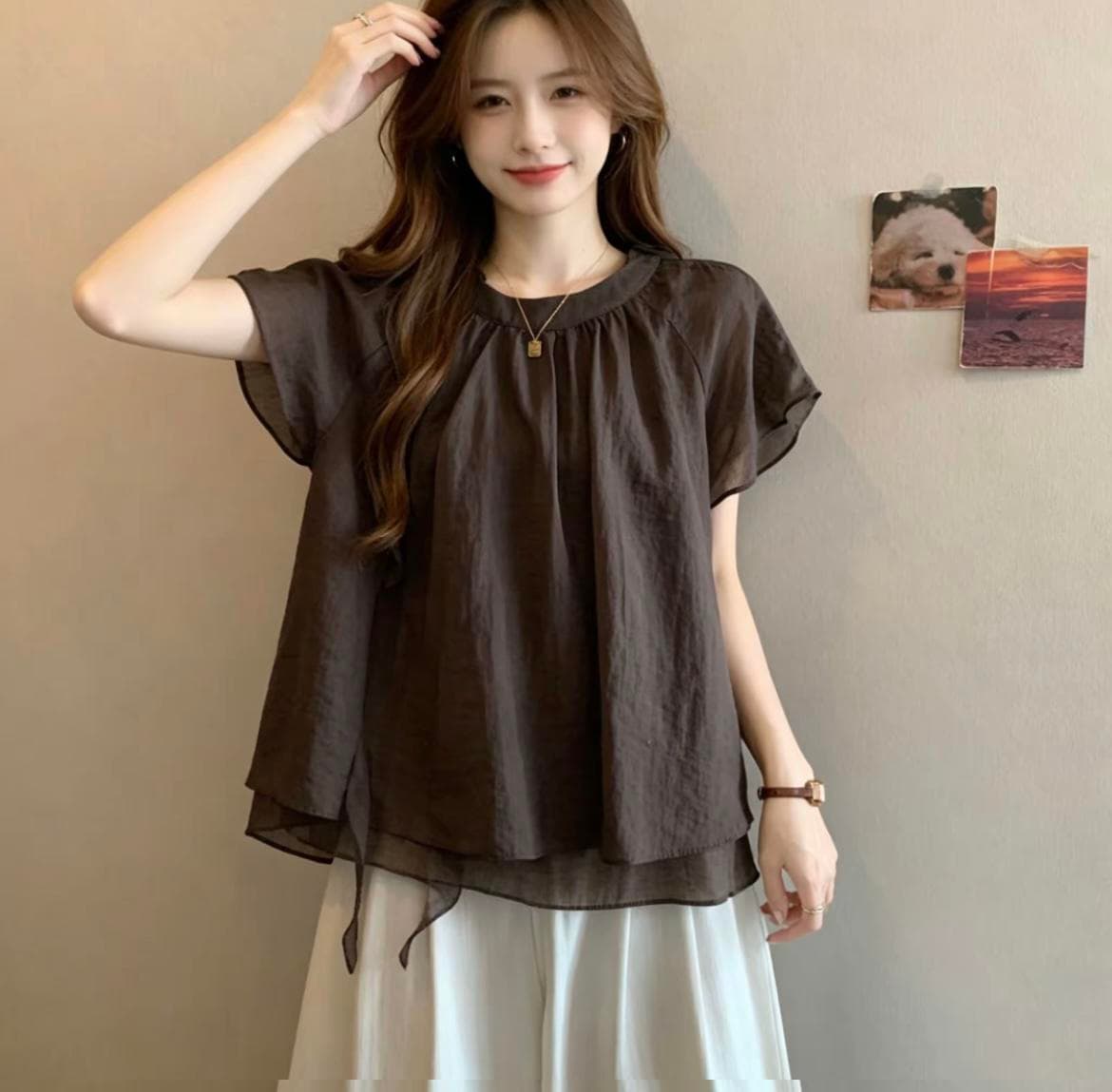 빅 사이즈 프랑스식 디자인 센스 리본 스탠드 칼라 반팔 티셔츠 여성 여름 지방 mm 표지 배 슬림해 보이는 버전 쉬폰 톱 상세 이미지 14