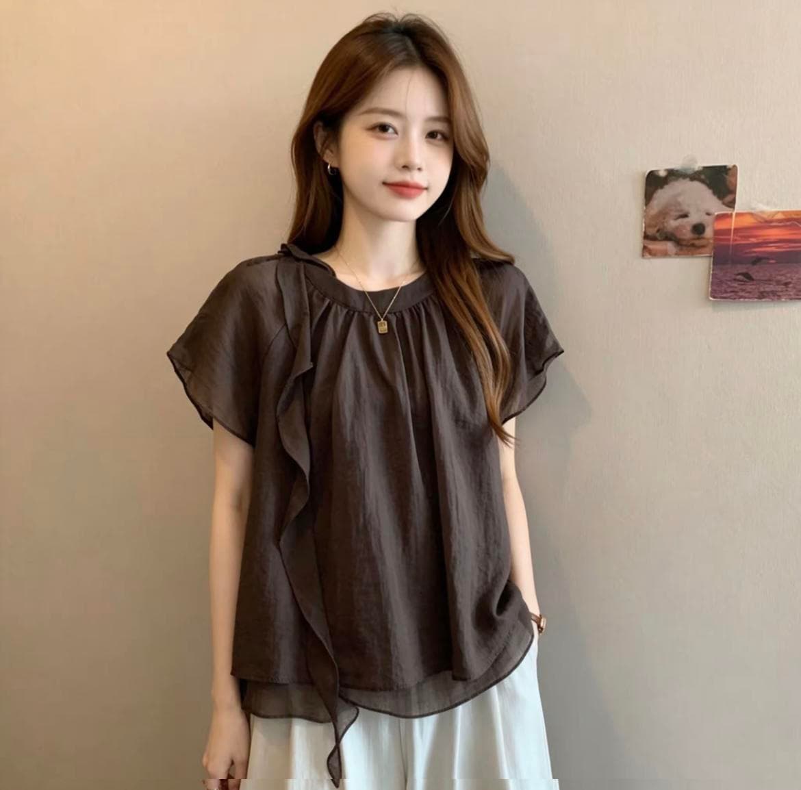 빅 사이즈 프랑스식 디자인 센스 리본 스탠드 칼라 반팔 티셔츠 여성 여름 지방 mm 표지 배 슬림해 보이는 버전 쉬폰 톱 상세 이미지 15