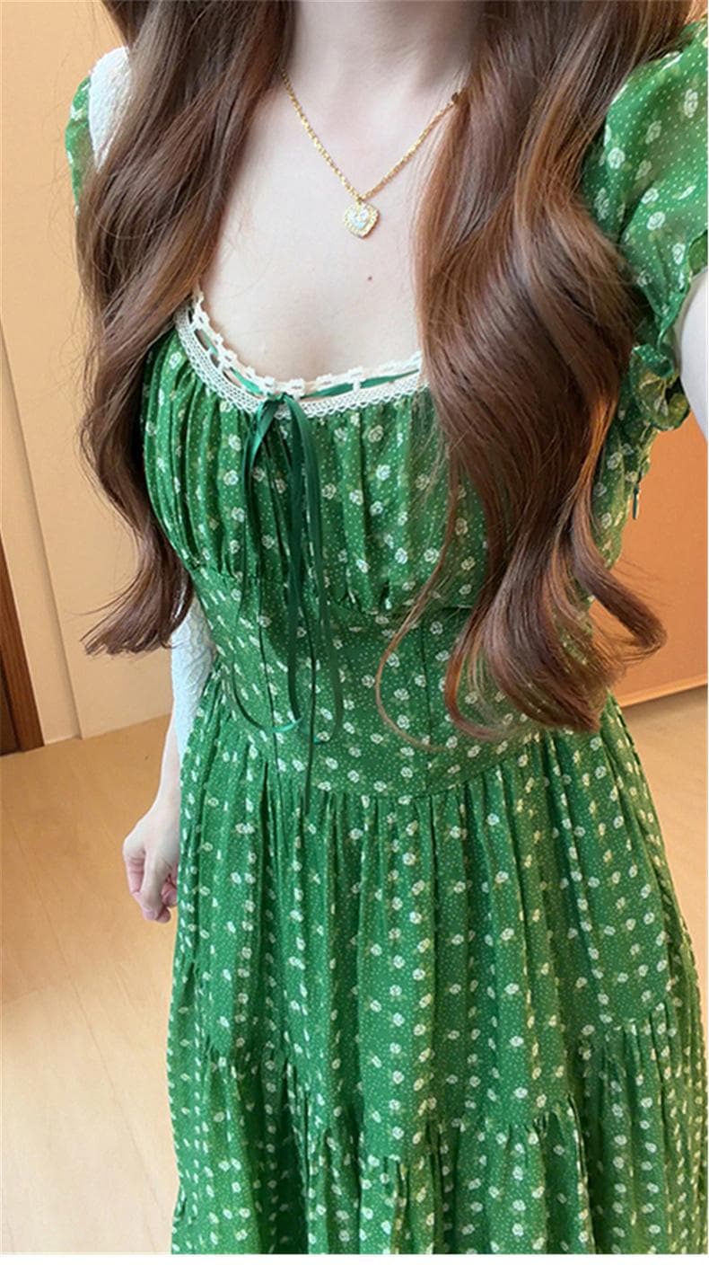 빅 사이즈 프랑스식 레트로 꽃무늬 허리 수축 슬림해 보이는 품격 휴가 바람 여름 드레스 상세 이미지 4