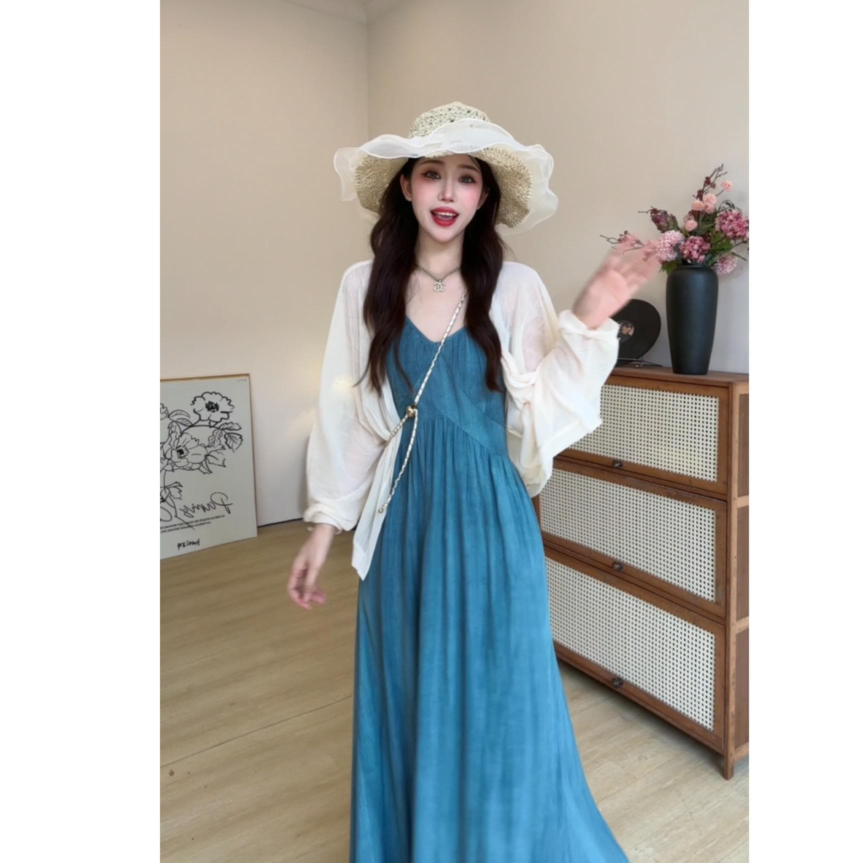 빅 사이즈 프랑스식 레트로 슬립 여성 드레스 여름 허리 수축 슬림해 보이는 롱 스커트 해변가 휴가 해변 드레스 이미지 2