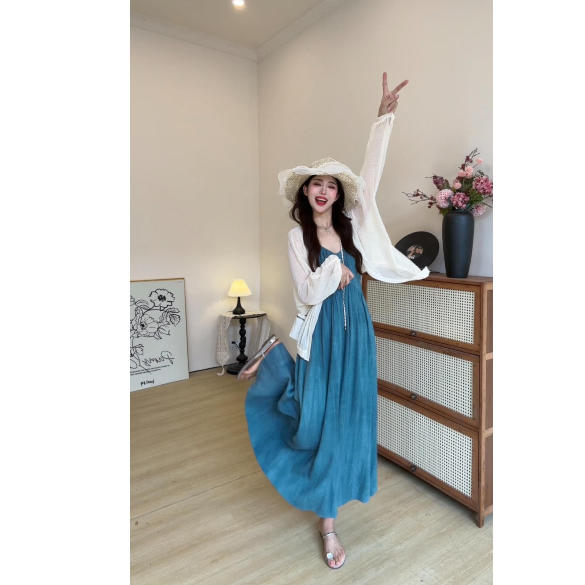 빅 사이즈 프랑스식 레트로 슬립 여성 드레스 여름 허리 수축 슬림해 보이는 롱 스커트 해변가 휴가 해변 드레스 이미지 4