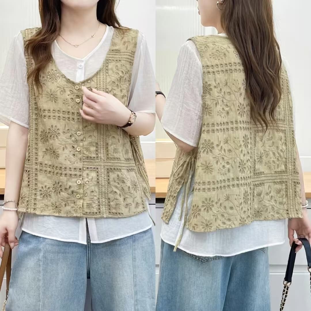 빅 사이즈 지방 mm 외국 가스 홀로우 아웃 자수 다용도 페이크 레이어드 여성 셔츠 여름 새로운 루즈핏 슬림해 보이는 맨위 상세 이미지 1