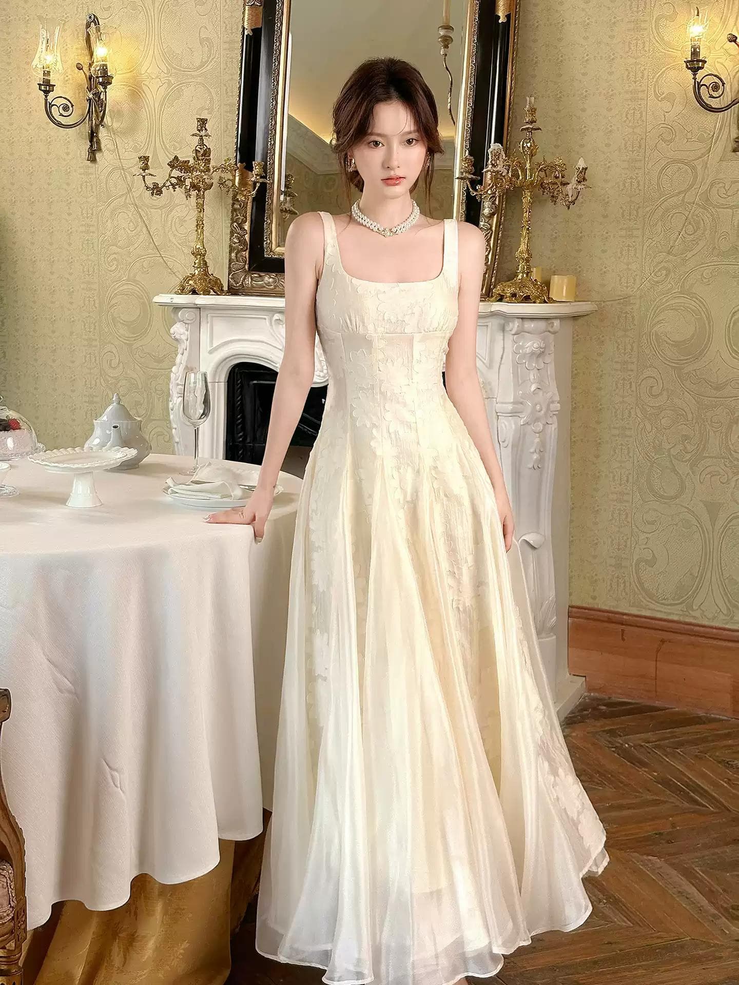 빅 사이즈 Breeze 꽃 프랑스식 천 골드 고급 센스 슬립 드레스 Tulle 광장 칼라 이미지 4