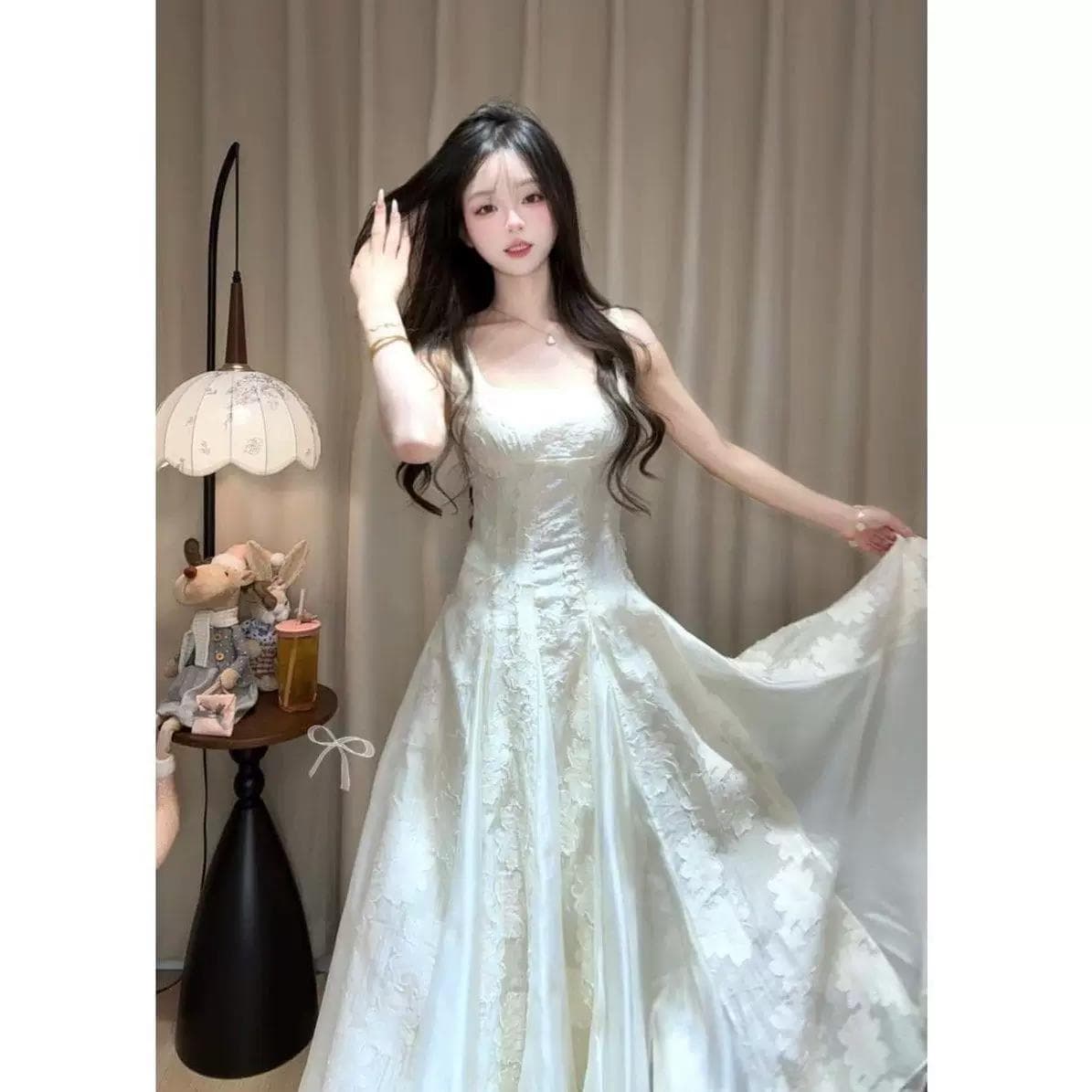 빅 사이즈 Breeze 꽃 프랑스식 천 골드 고급 센스 슬립 드레스 Tulle 광장 칼라 상세 이미지 1