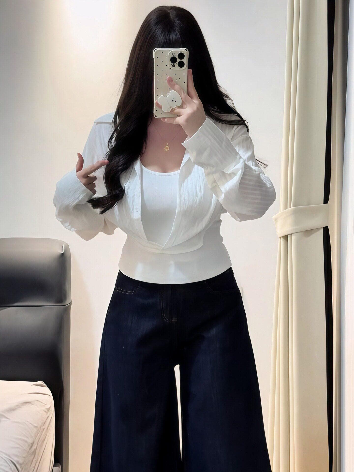 빅 사이즈 지방 mm 한 부서 화이트 페이크 레이어드 여성 셔츠 봄 새로운 긴팔 폴로 칼라 슬림해 보이는 다용도 출퇴근 맨위 이미지 2