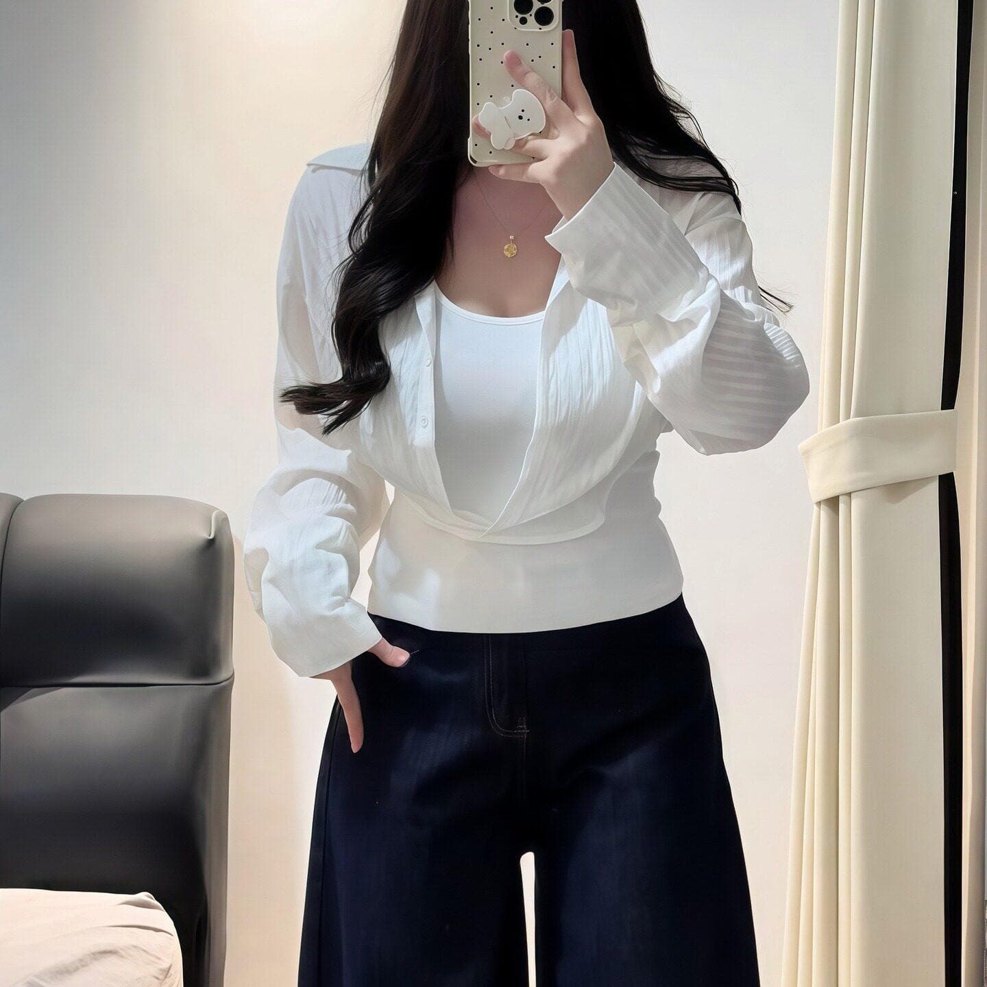 빅 사이즈 지방 mm 한 부서 화이트 페이크 레이어드 여성 셔츠 봄 새로운 긴팔 폴로 칼라 슬림해 보이는 다용도 출퇴근 맨위 이미지 6