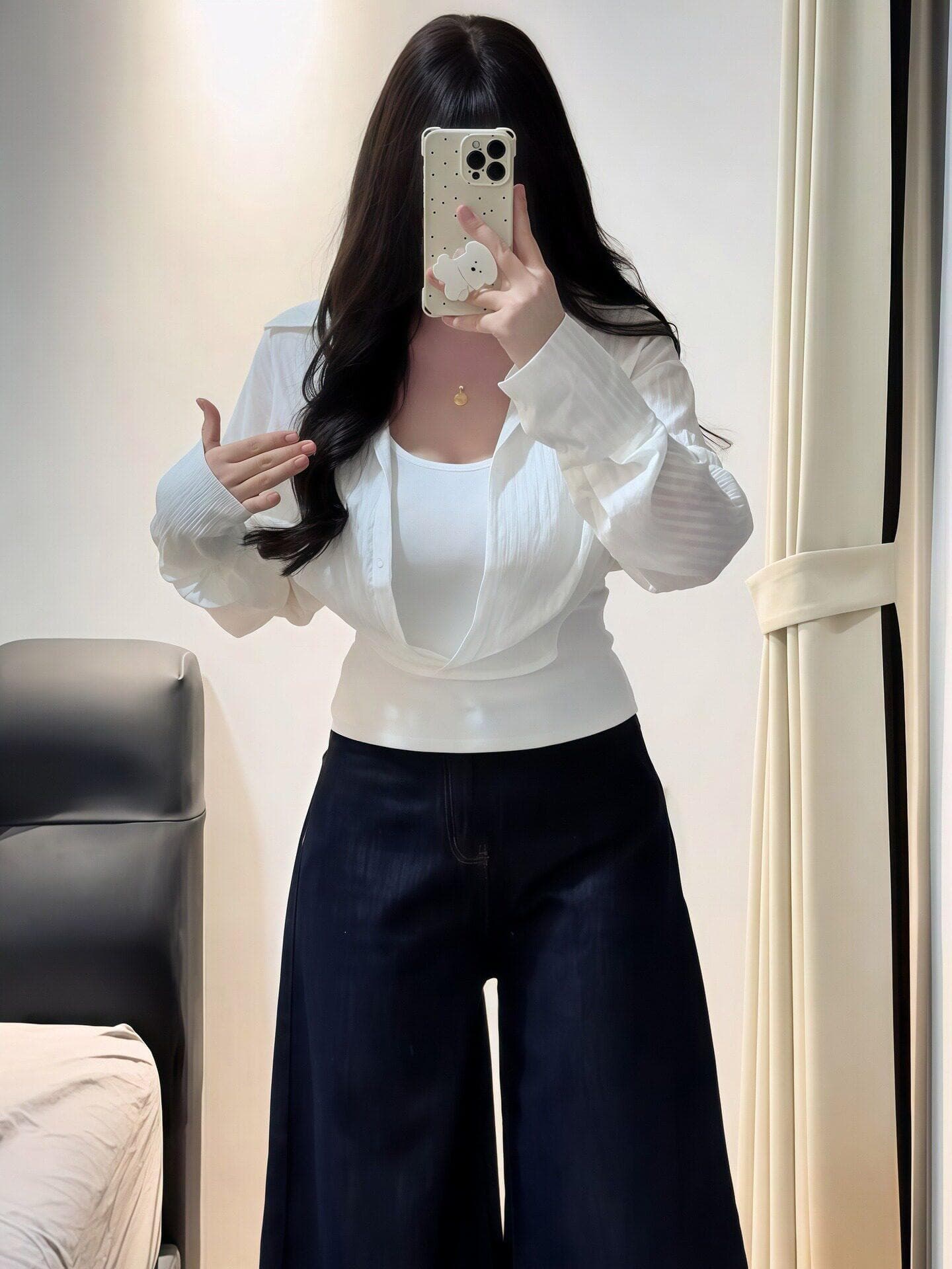 빅 사이즈 지방 mm 한 부서 화이트 페이크 레이어드 여성 셔츠 봄 새로운 긴팔 폴로 칼라 슬림해 보이는 다용도 출퇴근 맨위 상세 이미지 1