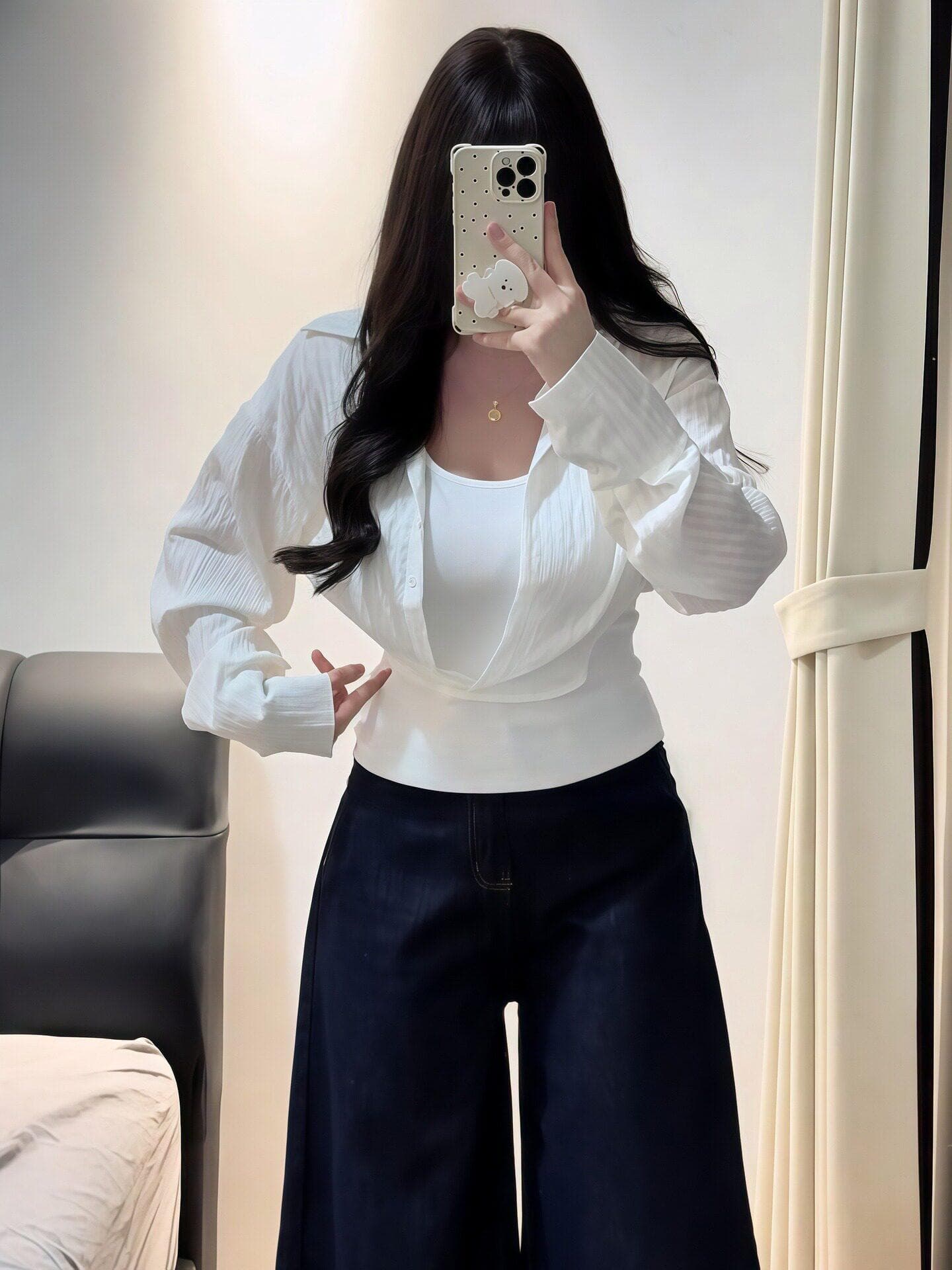 빅 사이즈 지방 mm 한 부서 화이트 페이크 레이어드 여성 셔츠 봄 새로운 긴팔 폴로 칼라 슬림해 보이는 다용도 출퇴근 맨위 상세 이미지 2