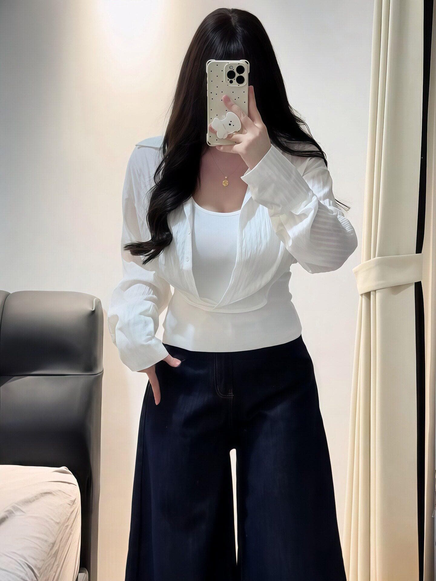 빅 사이즈 지방 mm 한 부서 화이트 페이크 레이어드 여성 셔츠 봄 새로운 긴팔 폴로 칼라 슬림해 보이는 다용도 출퇴근 맨위 상세 이미지 3