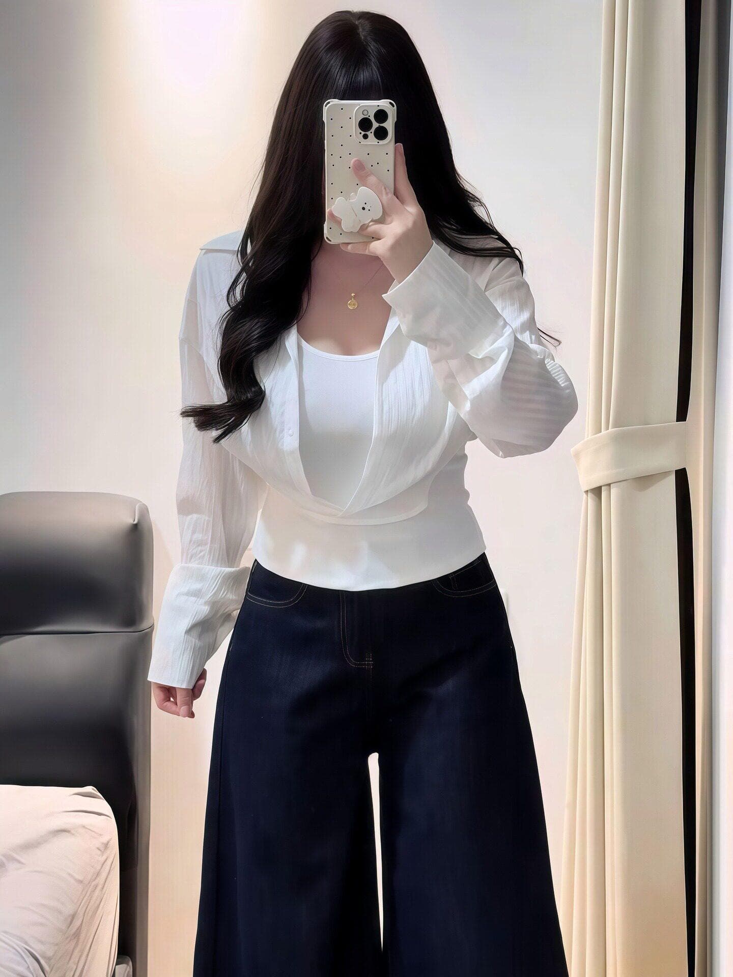 빅 사이즈 지방 mm 한 부서 화이트 페이크 레이어드 여성 셔츠 봄 새로운 긴팔 폴로 칼라 슬림해 보이는 다용도 출퇴근 맨위 상세 이미지 4