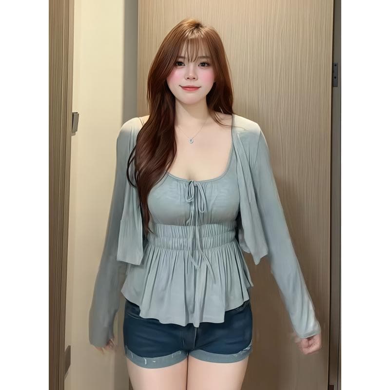 빅 사이즈 지방 mm 한 부서 여름 순수한 욕망 바람 품격 슬립 오픈 가디건 세트 여름 슬림해 보이는 패션 맨위 투피스 세트 상세 이미지 2