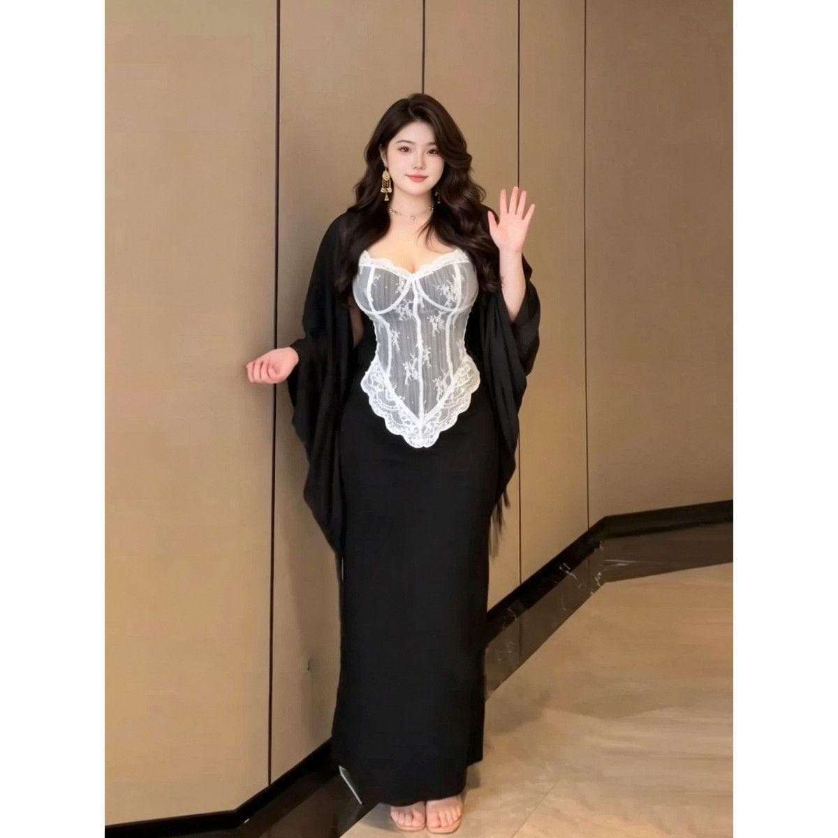 빅 사이즈 지방 mm 섹시함 순수한 욕망 레이스 슬립 치마 세트 배트윙 소매 오픈 가디건 숄 슬림해 보이는 인어 꼬리 타이트 스커트 여성 이미지 2