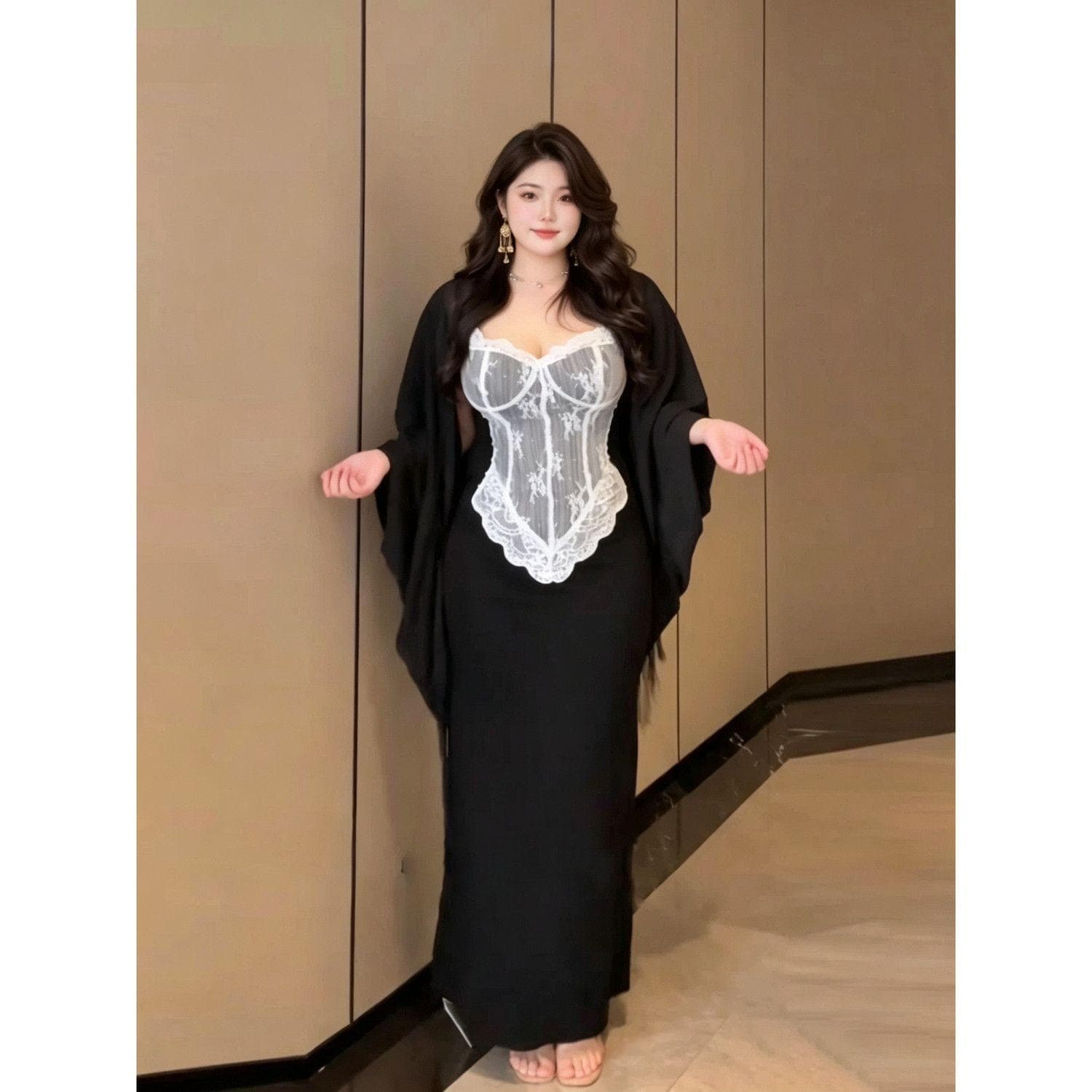 빅 사이즈 지방 mm 섹시함 순수한 욕망 레이스 슬립 치마 세트 배트윙 소매 오픈 가디건 숄 슬림해 보이는 인어 꼬리 타이트 스커트 여성 상세 이미지 2