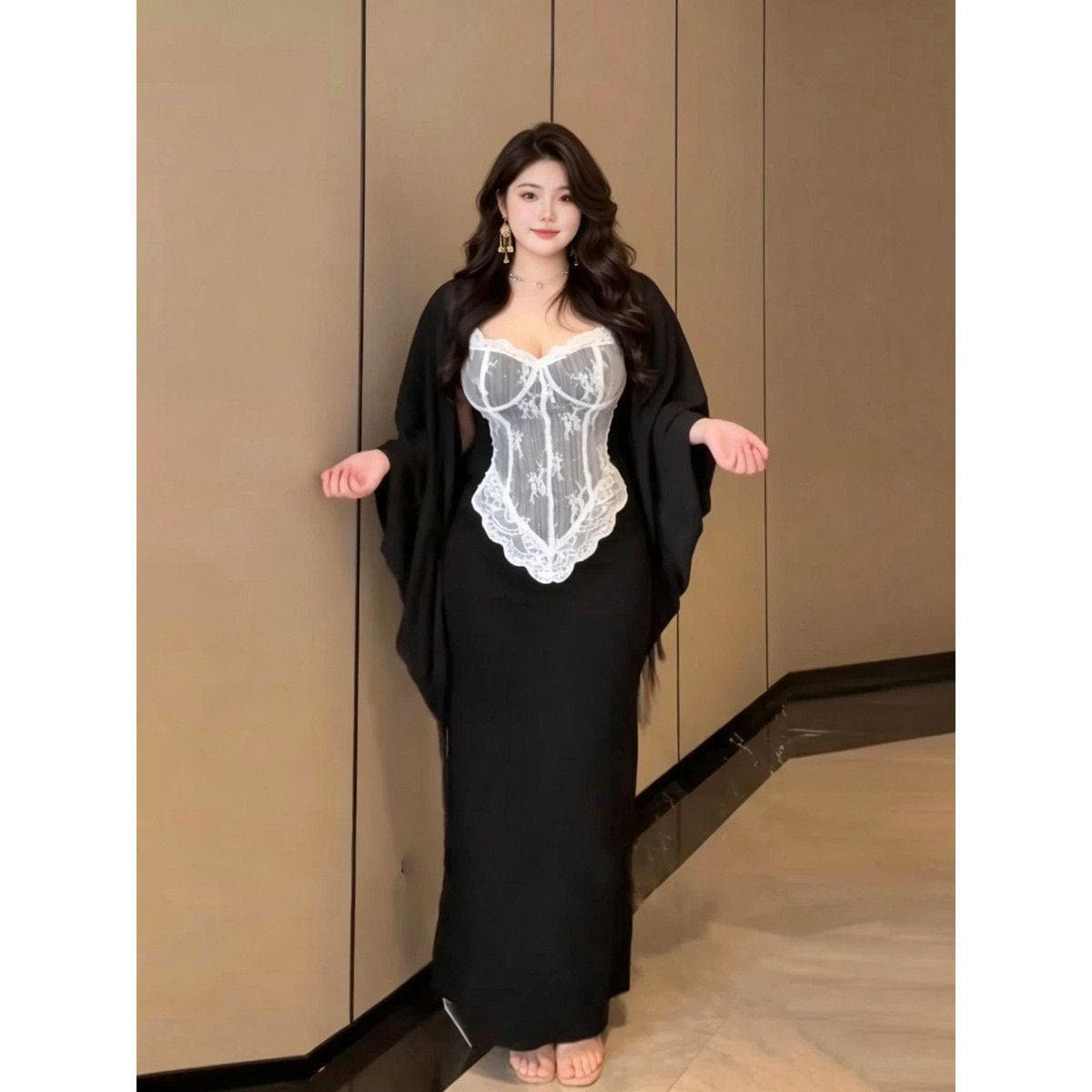 빅 사이즈 지방 mm 섹시함 순수한 욕망 레이스 슬립 치마 세트 배트윙 소매 오픈 가디건 숄 슬림해 보이는 인어 꼬리 타이트 스커트 여성 상세 이미지 7