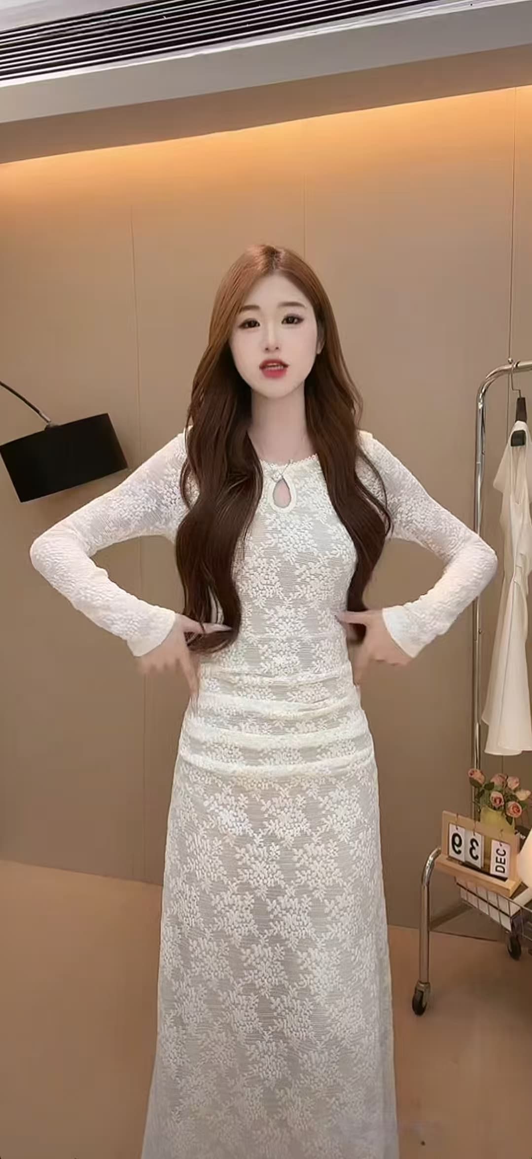 빅 사이즈 프랑스식 레이스 긴팔 순수한 욕망 허리 수축 주름 슬림해 보이는 품격 한 마디 여성 드레스 중간 길이 상세 이미지 3