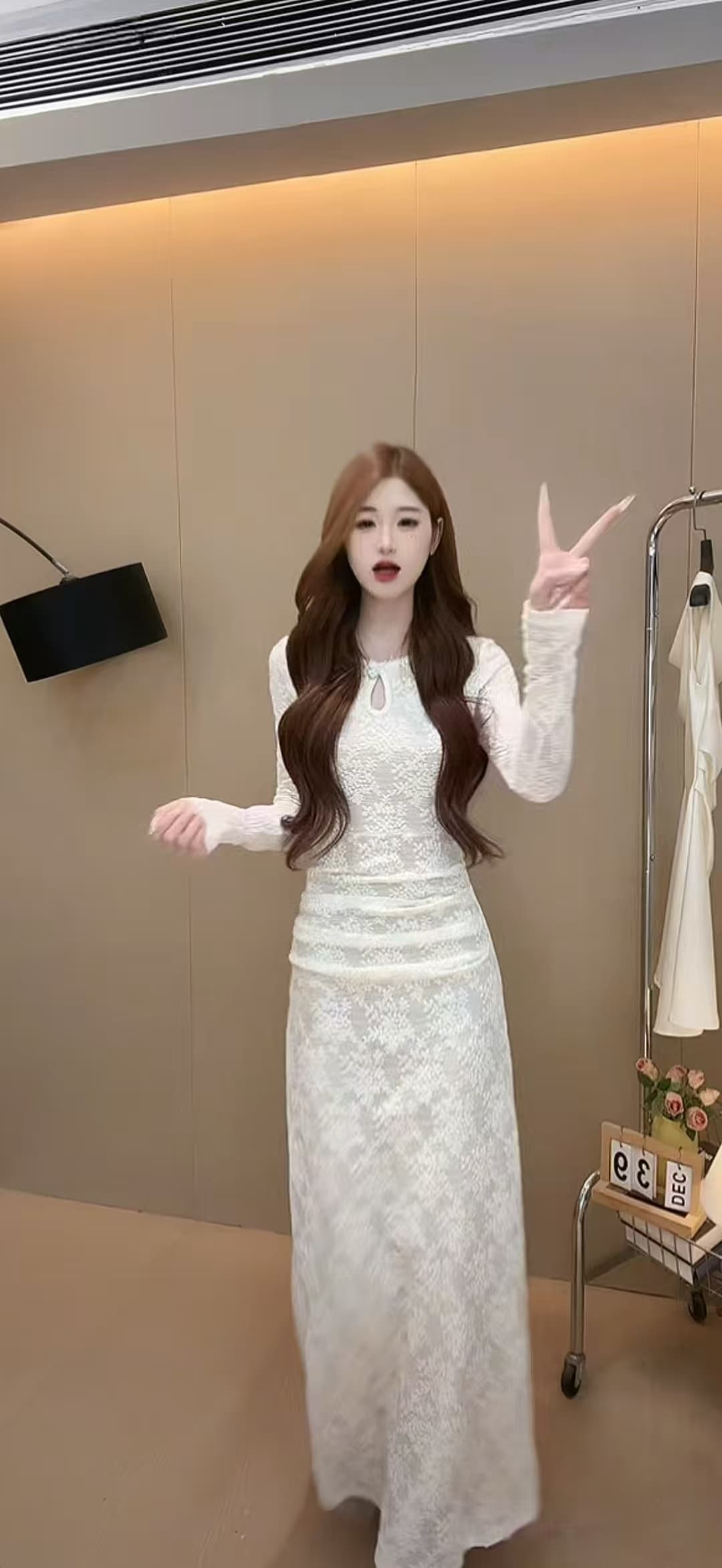 빅 사이즈 프랑스식 레이스 긴팔 순수한 욕망 허리 수축 주름 슬림해 보이는 품격 한 마디 여성 드레스 중간 길이 상세 이미지 4
