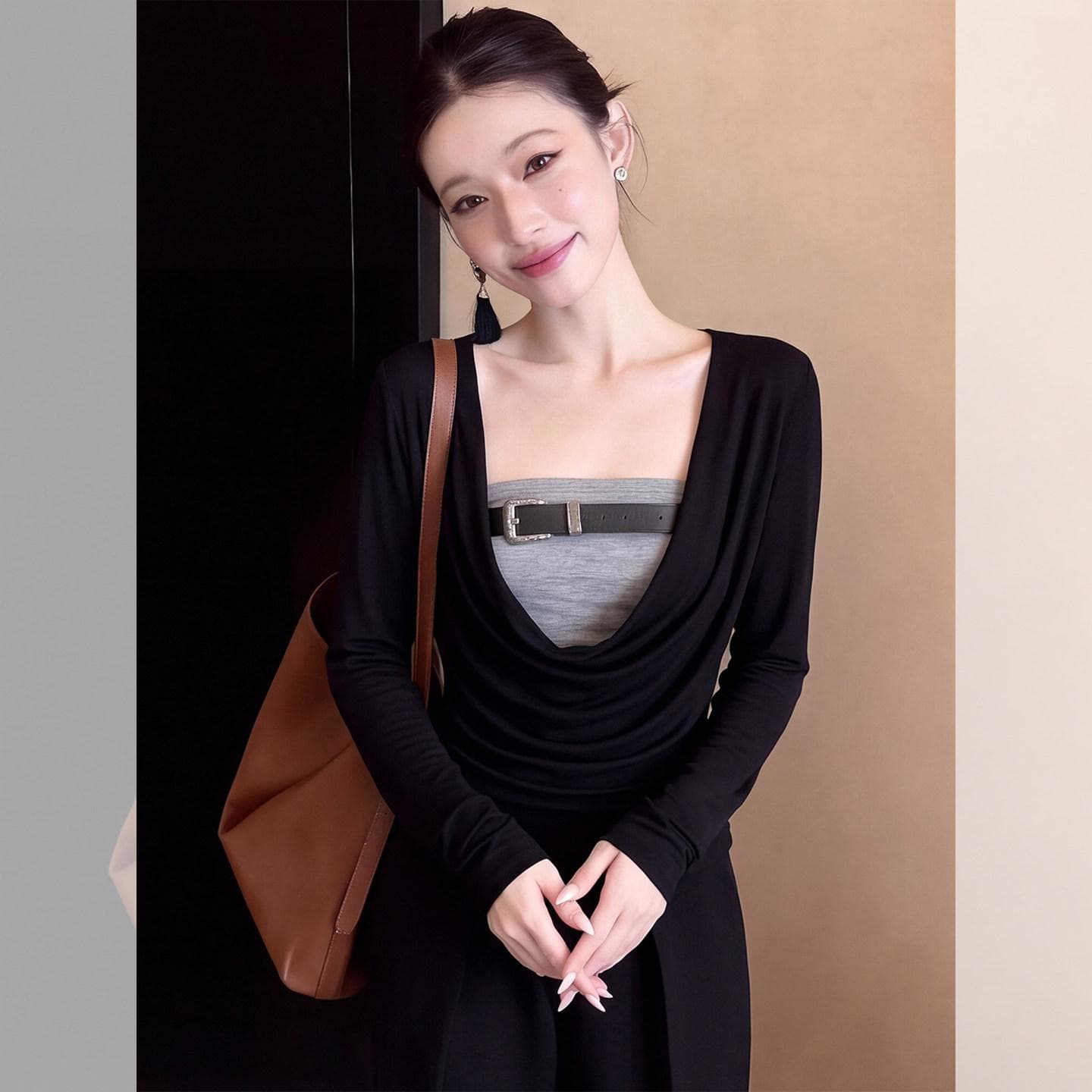 빅 사이즈 지방 mm 핫걸 바람 페이크 레이어드 흔들다 칼라 긴팔 티셔츠 여성 검정색 몸매 가꾸기 슬림해 보이는 작은 키 한 첨부 된 의류 상세 이미지 4
