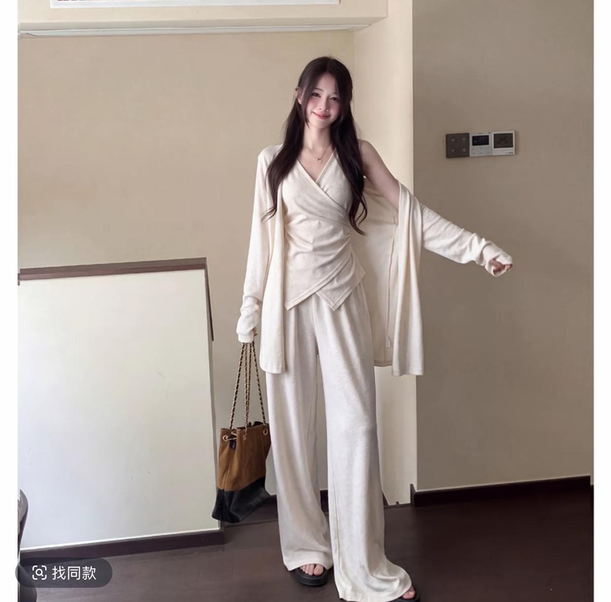 빅 사이즈 지방 mm 자이언트 슬림해 보이는 세트 슬립 외부 피 긴 바지 캐주얼 세 조각 여성 세트 봄 가을 품격 착용 가져 가라. 전체 집합 이미지 2