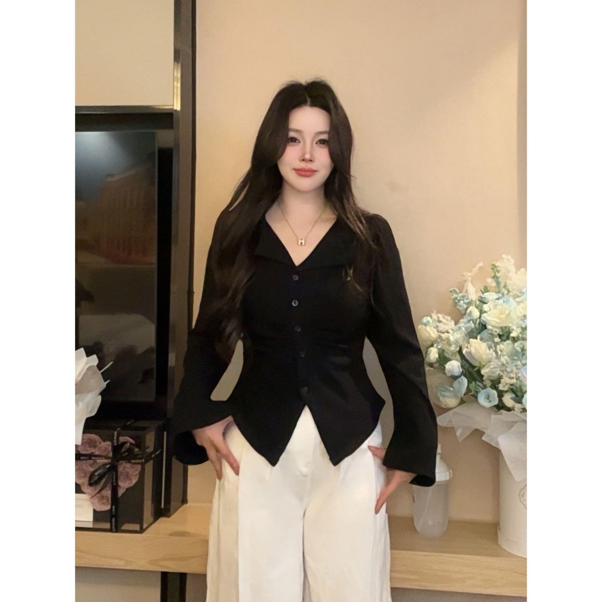 2026 이른 가을 새로운 빅 사이즈 지방 mm V넥 긴팔 티셔츠 허리 수축 표지 고기 슬림해 보이는 인사이드 잡아라. 의류 여성 상세 이미지 2