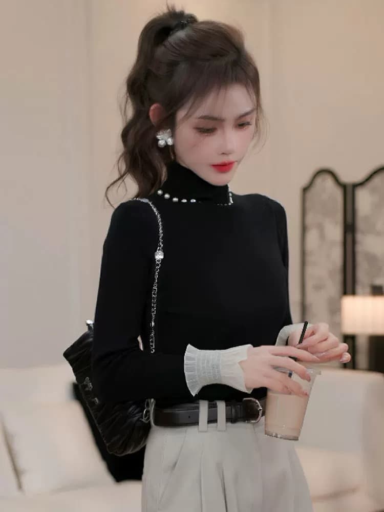 가을과 겨울 디자인 센스 품격 슬림해 보이는 다용도 단색 몸매 가꾸기 티셔츠 기본 셔츠