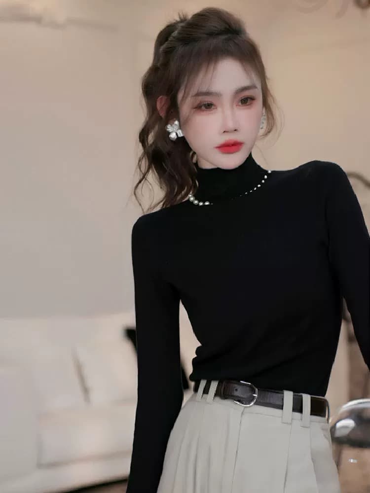 가을과 겨울 디자인 센스 품격 슬림해 보이는 다용도 단색 몸매 가꾸기 티셔츠 기본 셔츠 이미지 4
