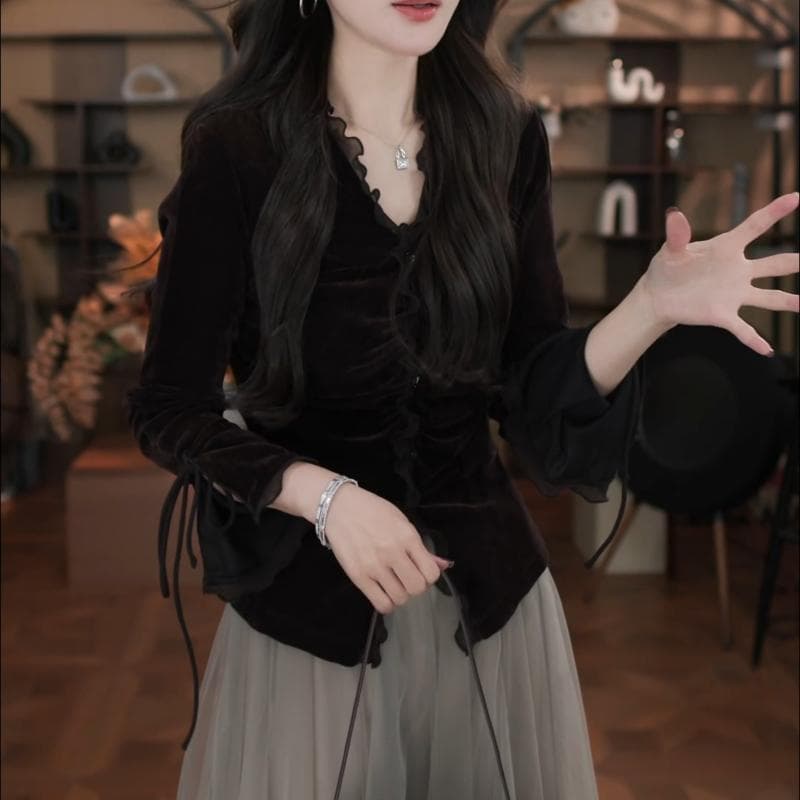 가을 패션 품격 프릴 디자인 V넥 긴팔 셔츠 프랑스식 새로운 빛 럭셔리 우아함 슬림해 보이는 맨위 여성 이미지 5